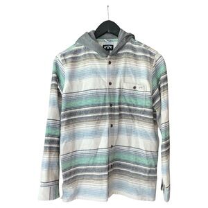 Billabong Striped Hooded sweater with Button Front Size Large Blue, Gray, White
